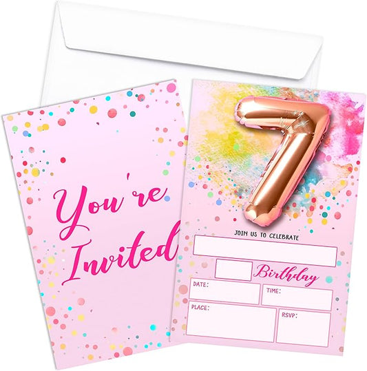 Rose Pink Balloon Birthday Invitations, 7th Surprise Birthday Party Invitations Cards with Envelopes, Confetti Polka Dot Fill-in Invites, 7th Pink Birthday Decorations for Girls -03