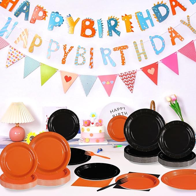 Grencian 200Pcs Orange and Black Graduation Decorations Black and Orange Plates and Napkins Disposable Graduation Tableware for Birthday Wedding Baby Shower Congrats Grad Party Supplies Serves 50