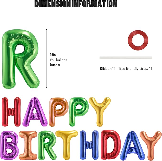 CANREVEL Happy Birthday Banner 13pcs 16 Inch Mylar Foil Letters Balloons Birthday Party Decorations for Kids and Adults - 3D Rainbow