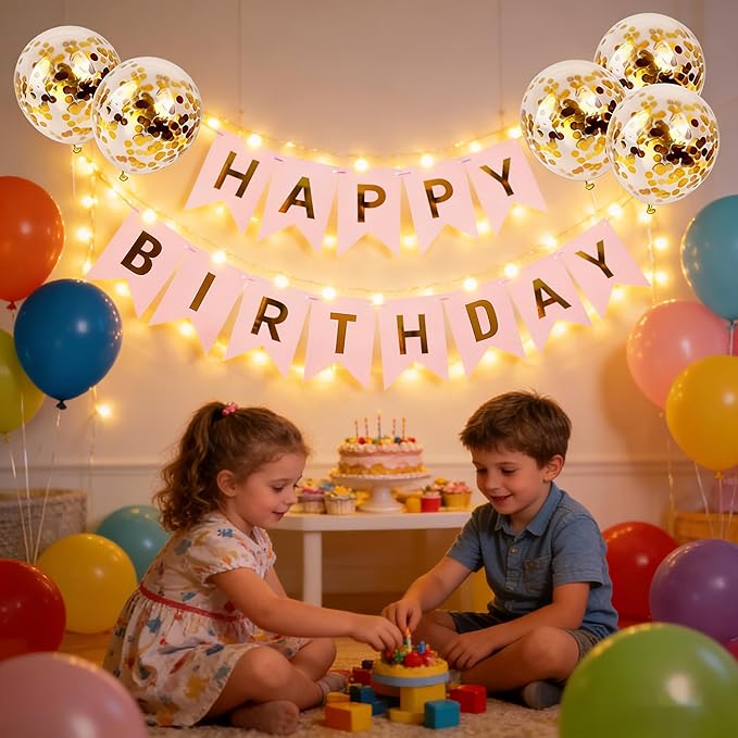 Happy Birthday Banner Sign Bunting Hanging Decorations with Shiny Gold Balloons Birthday Party Sign Decor for Party Supplies(Pink)
