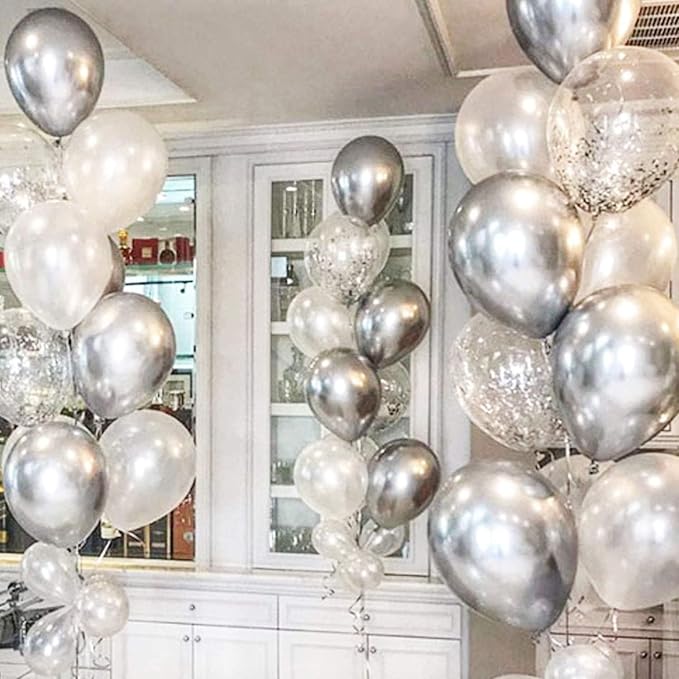 OuMuaMua 62pcs Blue Silver White Confetti Balloons Kit, 12 Inch White Royal Blue Metallic Silver Confetti Balloons for Boy Birthday Baby Shower Graduation Party Supplies