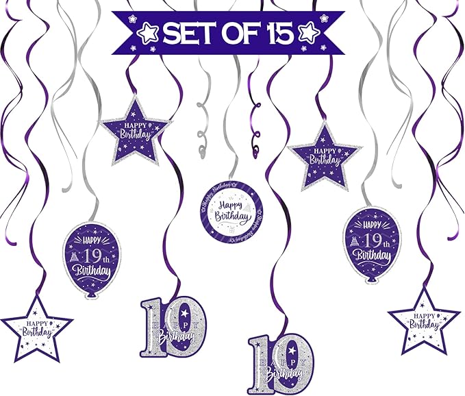 Happy 19th Birthday Purple & Silver Glitter Swirls Streamers Party Decorations - 15 Pcs 19th Birthday Hanging Swirls Streamers Kit,Cheers to Nineteen Years Old Bday Party Sign.