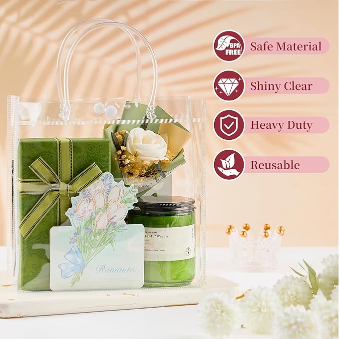 Jutieuo 24 PCS Clear Gift Bags with Handles, 7.9 x 7.9 x 3.2 Inches Reusable Plastic Goodie Bag Transparent Party Favor Bags Bulk for Weddings Birthdays Events, Classrooms & Celebrations