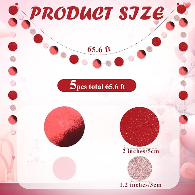Outus 5 Pieces Red,Pink Round Dots Garland Graduation Party Hanging Decor Each Length 13.1ft Glitter Paper Dot Streamers for Birthday Wedding Classroom Supplies