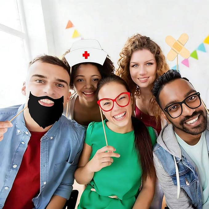 40 Pcs Professional Medical Photo Booth Props Kit for Adult Events, Dental Office Celebrations, Doctor & Nurse Graduation, Hospital-Themed Photoshoot Accessories with Wooden Sticks