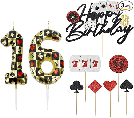 Casino Birthday Number Candles for Cake, Poker Birthday Candles for Casino Themed Birthday Party Decoration, Glitter Casino Birthday Cake Topper for Casino Night Theme Birthday Cake(Number 16 & 61)
