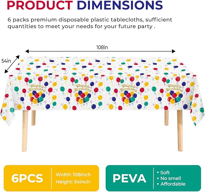 6 Pack Happy Birthday Plastic Tablecloths,108" x 54"Rectangle Disposable Table Covers for Picnic Birthday Wedding Parties (Balloon)