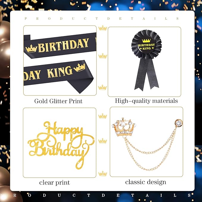 Junkin 5 Pieces Birthday Man Accessories Include King Crown King Sash Tinplate Badge Pin Brooch Hanging Chain Crown for Man Birthday Party(Stylish Style,Small)