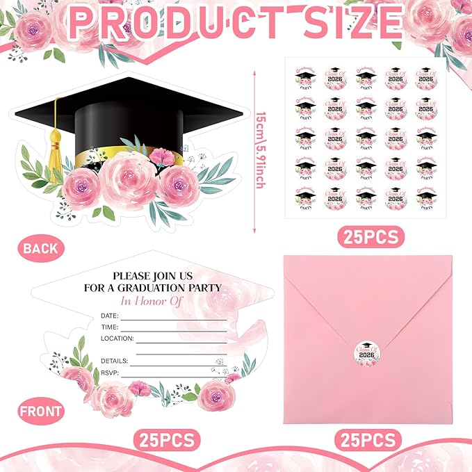 Marspark 25 Pcs Graduation Party Invitations Set Pink Floral Grad Cap Invitation Cards with Envelopes & Stickers Class of 2026 Graduation Party Supplies for Senior Graduate Celebration 5 x 6 Inch