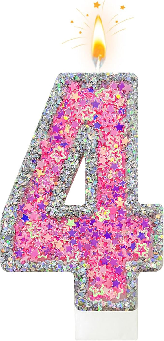Number 4 Birthday Candle for Cake – Silver Glitter Edge with Pink Star Confetti – Decorative Number Cake Topper for Anniversary & Celebration Party Decor