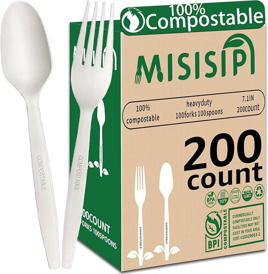 MISISIPI [7In 200Pcs] 100% Compostable Forks and Spoons Utensils Cutlery Silverware Heavyduty Eco-friendly Disposable Plastic free Forks and Spoons Utensils Cutlery Silverware for Party BBQ Lounge