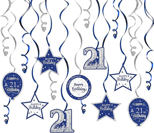 Happy 21st Birthday Blue & Silver Glitter Swirls Streamers Party Decorations - 15 Pcs 21st Birthday Hanging Swirls Streamers Kit,Perfect for 21st Bday Party Sign.