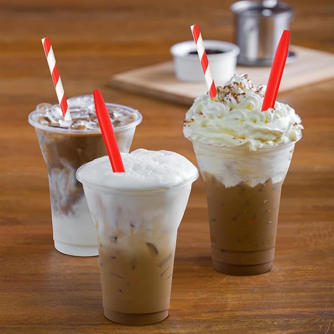 Baderke 25 Sets Plastic Parfait Cups with Red Plastic Soda Spoons and Paper Straws Disposable Root Beer Float Cups Clear Milkshake Mugs for Ice Cream Sundae Yogurt Party Drinks (15oz)