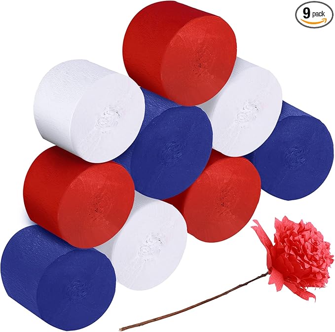 9 Rolls 4th of July Red White and Blue Crepe Paper Streamers 246 Yards 250th Anniversary Patriotic Party Decorations Hanging Backdrops for Independence Day Memorial Day American Theme Party DIY Crafts
