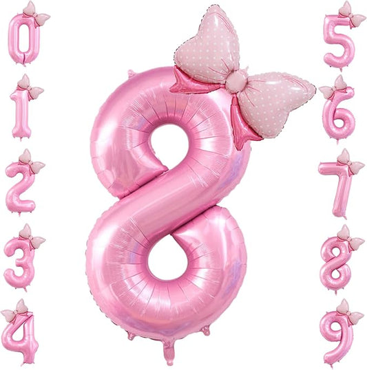 40 inch Number 8 Balloon with Bow Pink Happy Birthday Jumbo Number Balloon for Girls Daughter Birthday Decorations Party Supplies (Number 8)