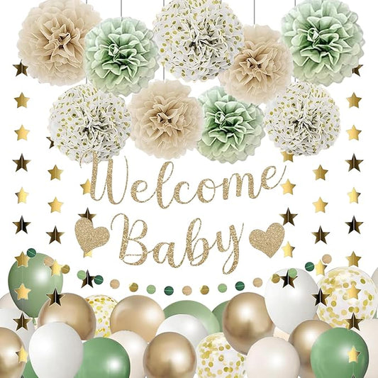 Baby Shower Decorations Sage Green Balloons Welcome Baby Banner, Pom Poms Flowers , Circle Dots Star Garland, Boys or Girls Gender Reveal Birthday Party Supplies