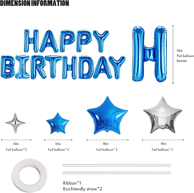 CANREVEL Happy Birthday Banner 13pcs 16 Inch Mylar Foil Letters Sign with 8pcs Star Balloons Birthday Party Decorations for Kids and Adults - 3D Blue