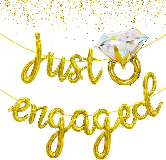 Just Engaged Gold Balloons Banner 18Inch Mylar Letter Balloons with Diamond Ring Balloon for Engagement Party Decorations Congratulations Engaged Bridal Shower Wedding Decor Proposal Decorations