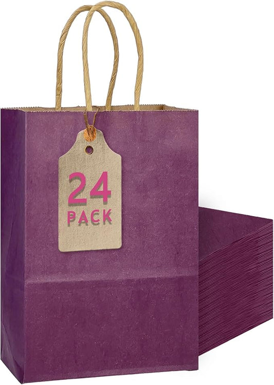 qiqee Aubergine Gift Bag with Handles Bulk 24Pcs Paper Bags -10.6"x8.3"x4.3"Party Favor Bags - Solid Color