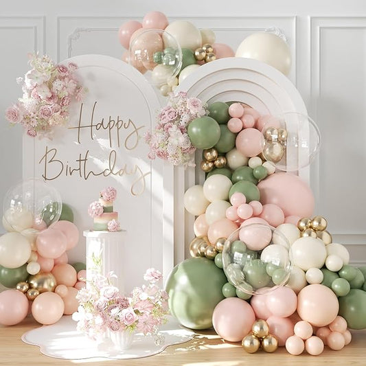 Sage Green Pink Gold Balloon Arch Kit 132Pcs Sage Green Pink Peach Ivory White Gold Clear Balloons for Boho Wildflower Baby Shower Bridal Shower Birthday Party Tea Party Decorations