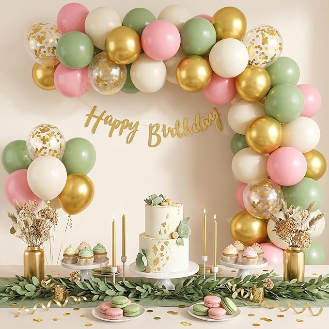 RUBFAC Pink and Sage Green Balloons, Party Easter Balloons Metallic Gold Confetti Balloon for Fairy First Birthday Tea Party Decorations