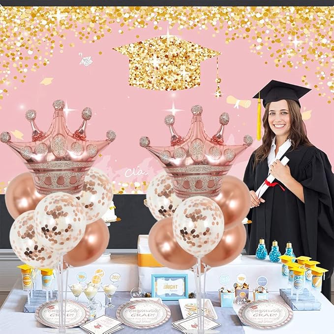 TONIFUL Table Centerpiece Balloons Stand Kit Include Rose Gold Latex Confetti Balloons and Foil Crown Balloon for Birthday Baby Shower Wedding,2025 Graduation Anniversary Table Party Decorations
