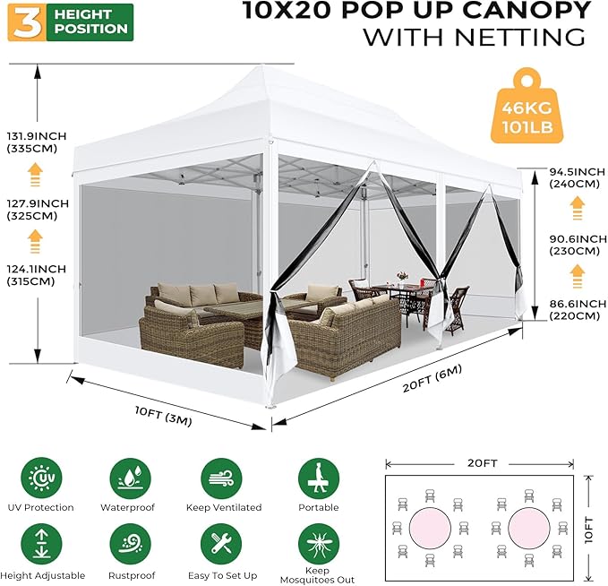 COBIZI 10x20 Heavy Duty Pop Up Canopy Tent with 6 Sidewalls, Easy Set Up Outdoor Waterproof Screen Commercial Party Tent with Mosquito Netting for Parties Backyard Patio, Roller Bag, White