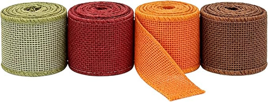 Meseey 7/8 Inch Fall Burlap Wired Ribbon Set, 4 Rolls Total 40 Yards Sage Green/Burgundy/Orange/Brown Solid Wired Edge Ribbon for Wreaths, Bows, Gift Wrapping, Thanksgiving & Halloween Decor