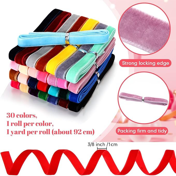 Syhood 30 Yards 3/8" Velvet Ribbon Assorted Colors Bulk for Gift Wrapping Craft DIY Hair Bow Tree Wreath Bows Door Garland Wedding Decor
