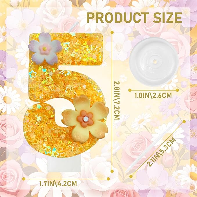 Yellow Birthday Candle, Flower Number Birthday Candles for Cake, Ideal Birthday Parties Cake Decor, Wedding Anniversary and Other Celebrations (5 Candle, Yellow)
