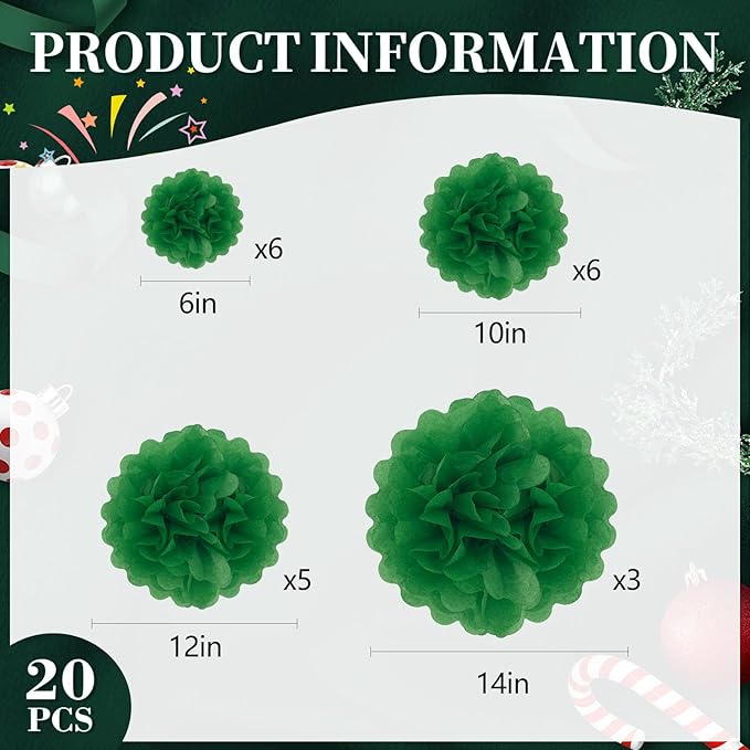 20 PCS Green Tissue Paper Pom Poms, Tissue Pom Poms Flowers, Sizes of 6", 10", 12", 14" Hanging Paper Flower Ball for Wedding, Birthday, Halloween, Christmas, Baby Shower Party Decor