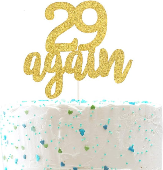 29 Again Cake Topper, Happy 30th Birthday Sign,Dirty Thirty Cake Topper,Hello 30 Party Decorations (Double Sided Gold Glitter)