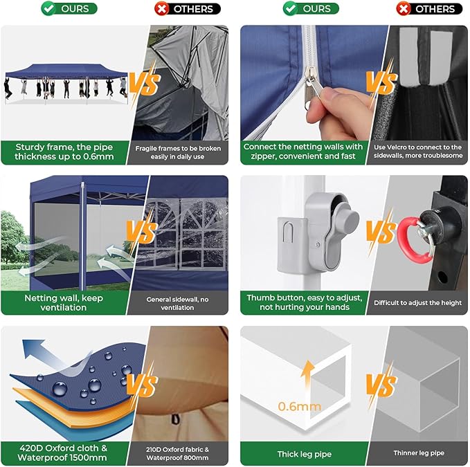 COBIZI 10x30 Heavy Duty Pop Up Canopy with 8 Mosquito Netting Wall, Easy Set Up Commercial Gazebo Party Tent, Outdoor Instant Screen Canopy for Backyard, Patio, Garden, Dark Blue