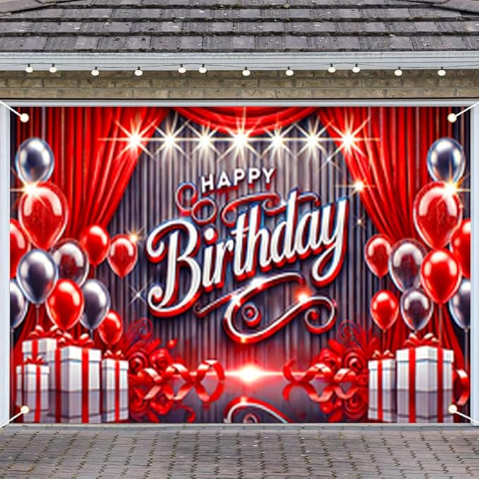 71x43 Inch Birthday Party Banner with Red and Silver Balloons Gift Boxes Curtains Stage Backdrop Indoor Outdoor Wall Door Porch Decoration Celebration Photo Prop