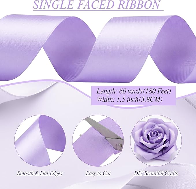 woric Light Purple Ribbon 1 1/2 Inch 50 Yards Solid Fabric Lavender Satin Ribbon for Mothers Day Flower Bouquet Gift Wrapping Wedding Party Vase Decorations