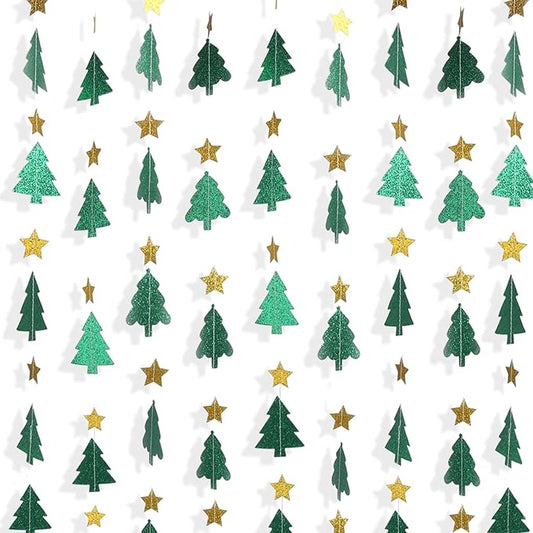 40 Feet Green Christmas Tree Garland Glitter Star Garland Paper Banner Hanging Party Supplies, Christmas Ceiling Hanging Decorations for Baby Shower Birthday Party Decorations Christmas New Year