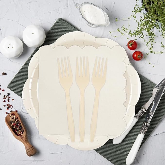 75 PCS Ivory Paper Plates and Napkins Party Supplies, Cream Scalloped Plates Napkins Forks Disposable Tableware Set for Bridal Baby Shower Wedding Birthday Party Decorations (Ivory)