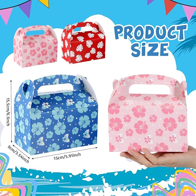 Marspark 12 Pack Hawaiian Themed Cartoon Birthday Party Supplies, Paper Gift Boxes, Cartoon Candy Treat Boxes for Birthday Party Decorations(Flower Pattern)