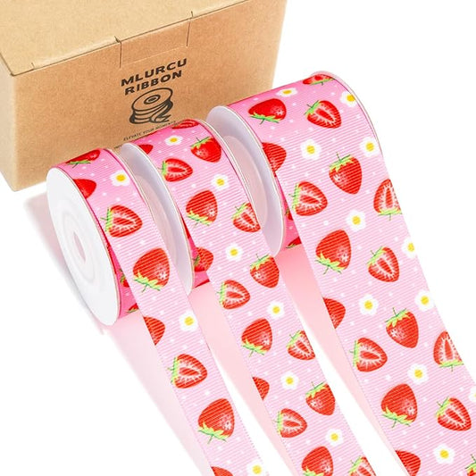 Strawberry Ribbon 3 Rolls Fruit Print Grosgrain Ribbons 5/8", 7/8", 1.5", Strawberry Printed Ribbon for Crafts, Gift Wrapping, Hair Bows, Summer Party, Scrapbooking, Holiday Decor