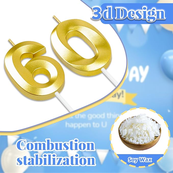 60th Birthday Candles for Cake,Birthday Decorations for Him Her,Number Candles for Cake Toppers Party Anniversary