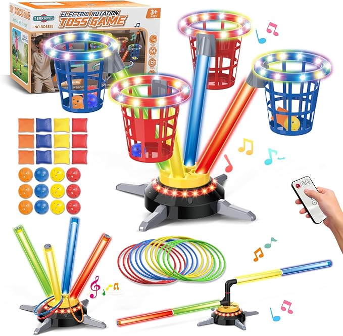 TERRAMUS 3 in 1 Bean Bag Ring Toss Game for Kids, Rechargeable Musical Jumping Games w/LED Light & Remote, Electric Spinning Base, Sandbags, Rings, Carnival Indoor Outdoor Sport Toy for 3+ Boys Girls
