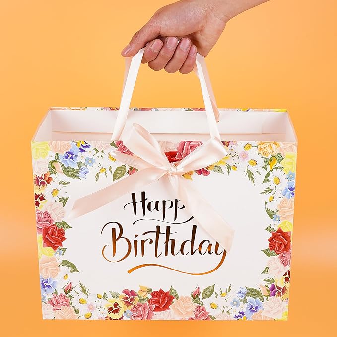 Jaywayang Large Happy Birthday Gift Bag with Card Envelope and Tissue Paper for Women Girls - 12.6"x10"x5.1" Floral Design with Ribbon Handles.