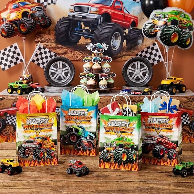 24 Pcs Monster-Truck Party Favor Bags with Handles - Racing Truck Goodie Bags Gift Bags. Checkered Theme Candy Bags for Kids, Kraft Paper Bags for Birthday Party Supplies Decorations
