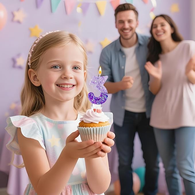 Purple Sequin Birthday Candles, Cake Number Candles, Girls 0th Birthday Decorations, Suitable for Birthday Parties, Anniversary Party Decorations(3)