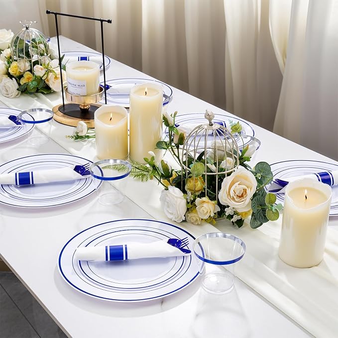 WELLIFE 350 Pcs Blue Plastic Plates for 50 Guests - Plastic Dinnerware Set,Party Supplies Includes 100 blue plates,150 Silverware,50 Napkins,50 Cups,Blue and White Plates