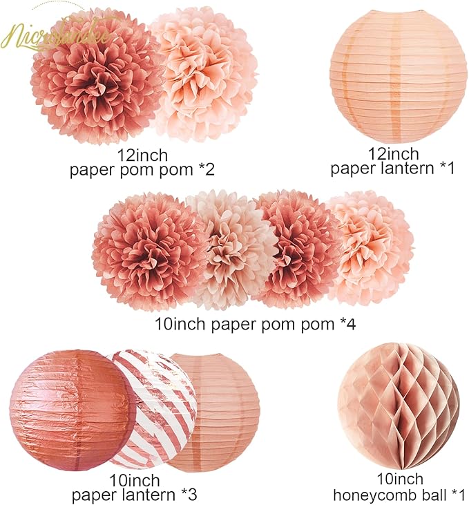 NICROLANDEE Rose Gold Party Decorations -12PCS Elegant Party Supplies Tissue Pom Poms Paper Lantern Glitter Confetti 30G for Valentines Wedding Bridal Shower Birthday Bachelorette Party Decorations