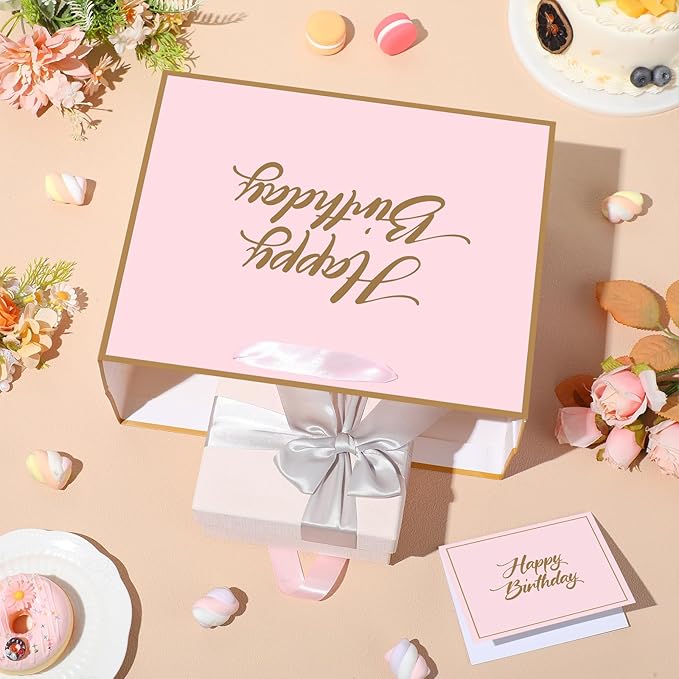 Yomaiha Pink Happy Birthday Gift Bag with Tissue Paper and Greeting Card, Pink Gold Birthday Wrapping Bag for Women Girls, Mom Wife Girlfriend Sister Friend Coworker Classmate Bday Party Supplies