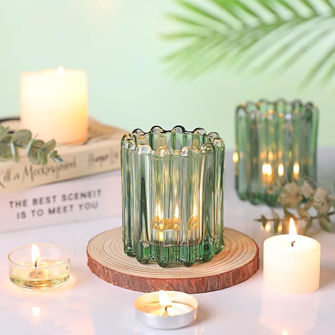 HAVITI Glass Green Votive Candle Holder, Ribbed Votive Candle Holders Set of 12, Tealight Candle Holder for Wedding Centerpieces Dinner Party Table Decor