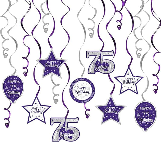 Happy 75th Birthday Purple & Silver Glitter Swirls Streamers Party Decorations - 15 Pcs 75th Birthday Hanging Swirls Streamers Kit,Perfect for 75th Bday Party Sign.
