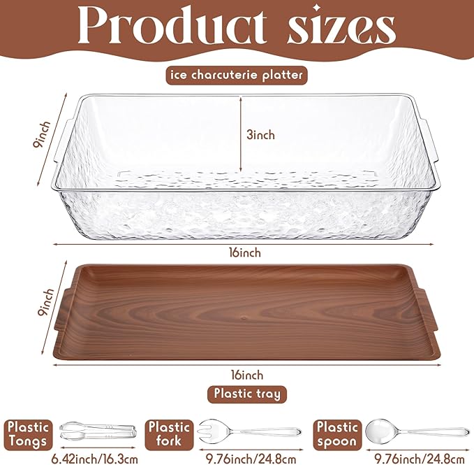 Baderke 1 Set 16" x 9" Chilled Serving Tray for Parties with Compartments Ice Chilled Party Crudite Platter Charcuterie Serving Board Cold Dish Dip Tableware for Seafood Vegetable (Dark Wood)